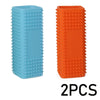 Two silicone pet hair removal brushes, one light blue and one orange.