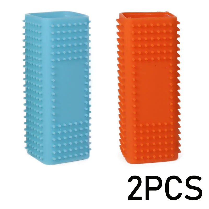 Two silicone pet hair removal brushes, one light blue and one orange.
