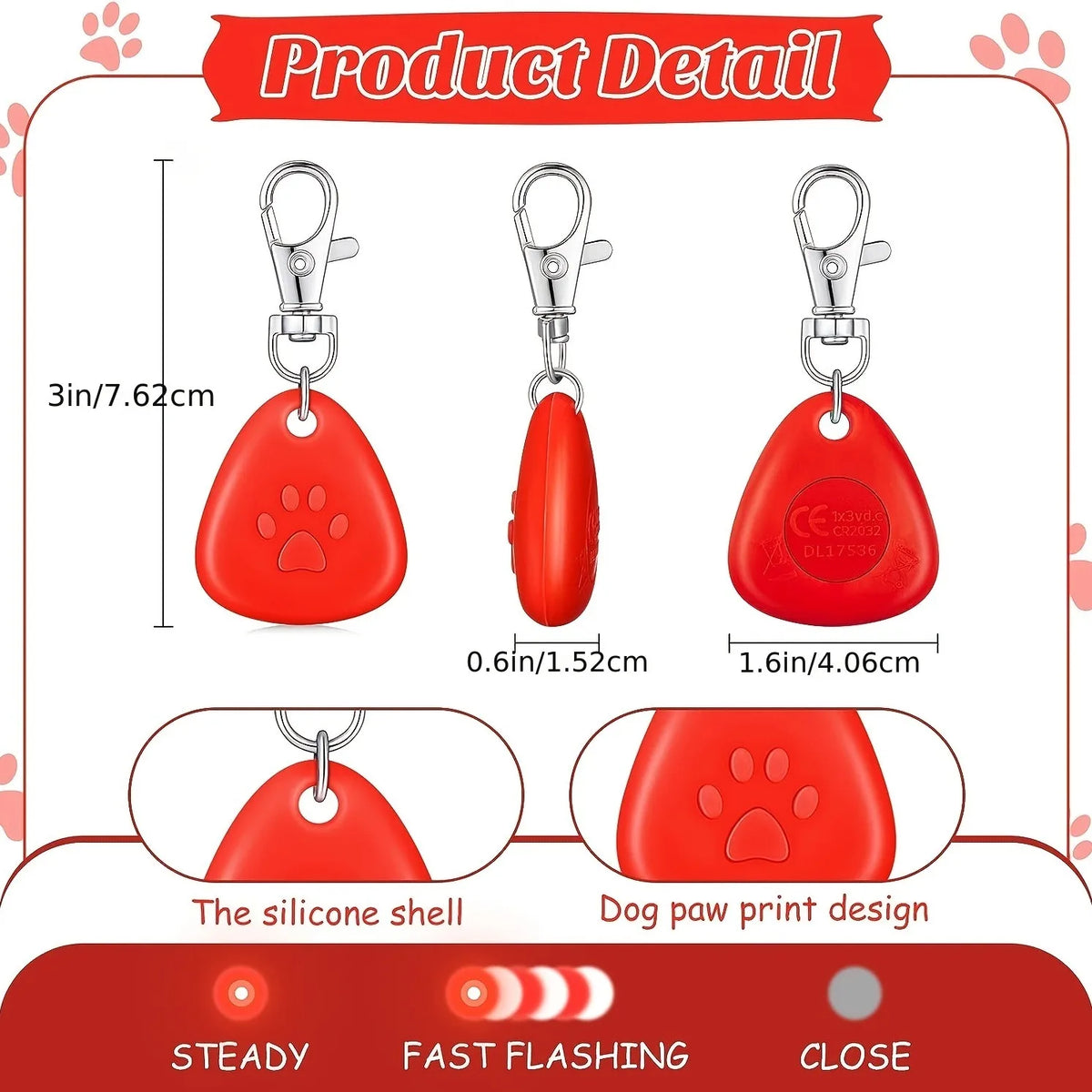 Red silicone dog paw print LED collar light for dogs and cats