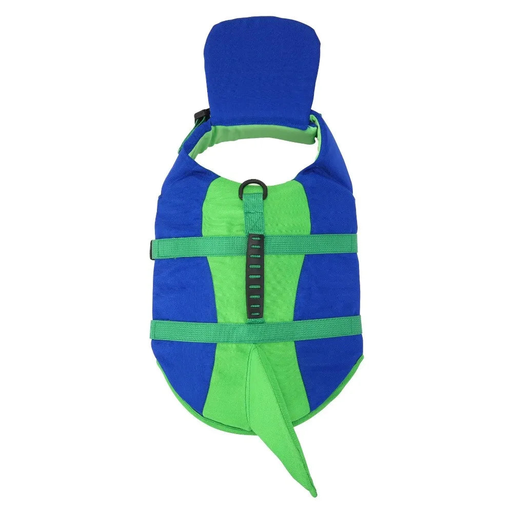 High visibility dog life vest for swimming in blue and lime green colors
