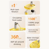 A yellow multi-layer filtration cat drinking fountain demonstrating features like 1500mL capacity and 360 degree drinking.