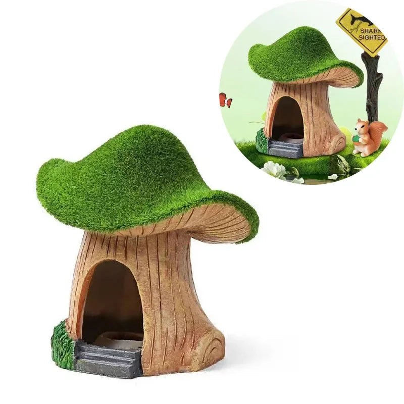 A wooden resin aquarium house decor with a green mushroom-shaped hiding shelter for small fish and shrimp.