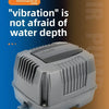 A gray RISSEE electromagnetic air pump is shown against a blue background with text promoting its vibration capability.