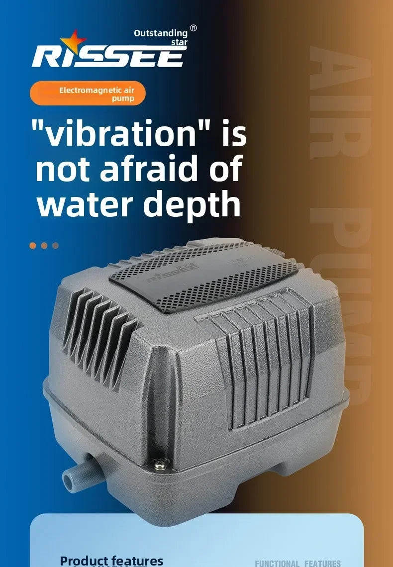 A gray RISSEE electromagnetic air pump is shown against a blue background with text promoting its vibration capability.