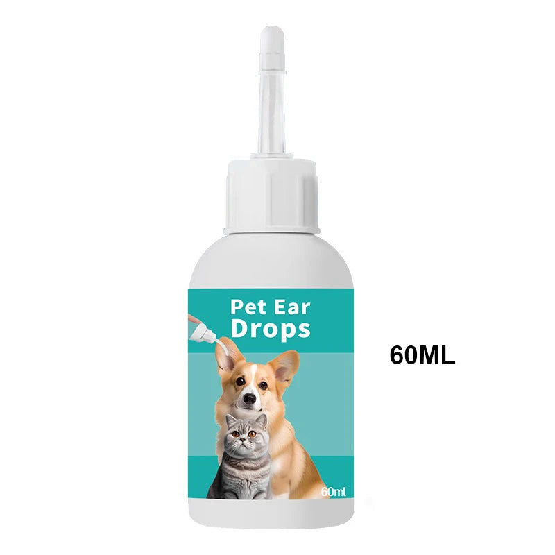 Bouteille blanche de gouttes auriculaires pour animaux avec un compte-gouttes, affichant des images de chats et de chiens.