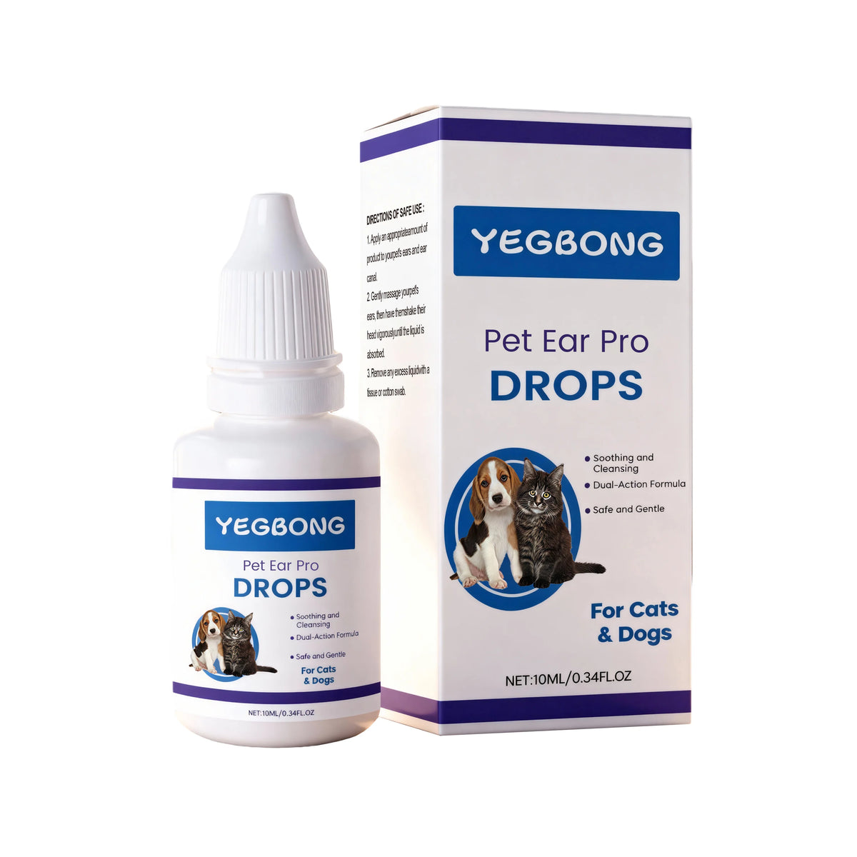 Botella de gotas para orejas de Yegbong, con gotero blanco y caja para gatos y perros.
