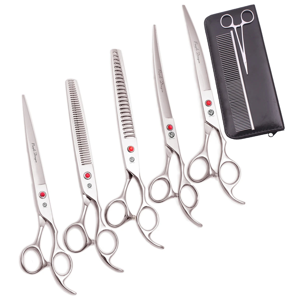 Ein Set professioneller Edelstahl-Pflegeschere für Haustiere und eine schwarze Hülle.