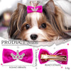 A close-up of a brown and white dog wearing a sparkly pink glitter hair clip on its head.