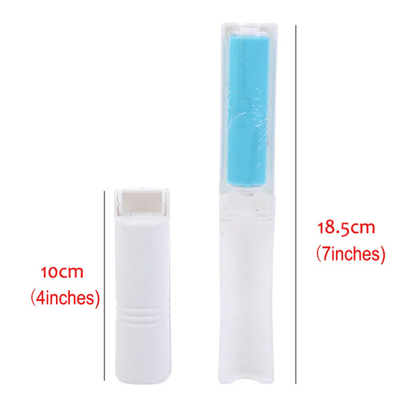 A reusable washable lint roller with a white body and a light blue roller cover, shown next to its dimensions.