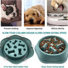 A teal dog bowl with a puzzle design featuring six non-skid rubber feet for slowing down the eating speed.