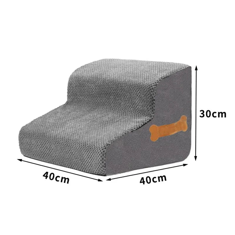 Gray foam pet stairs with a non-slip cover shown from the side and top view.