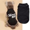 A black dog vest with white text reading Mama's Boy is shown next to a black pet undershirt.