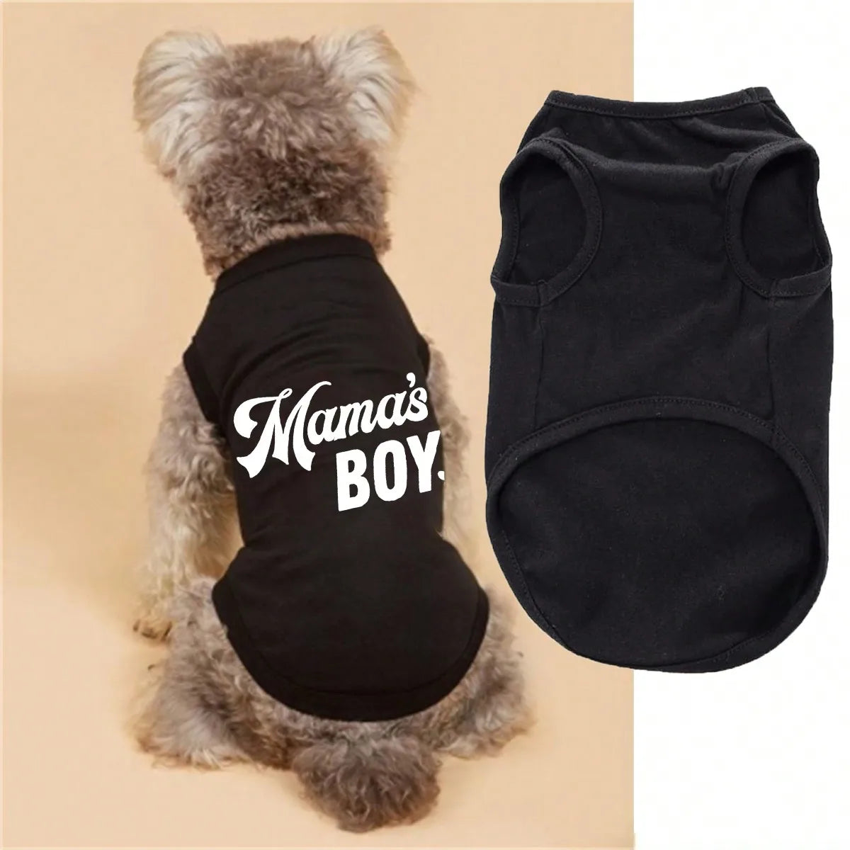 A black dog vest with white text reading Mama's Boy is shown next to a black pet undershirt.