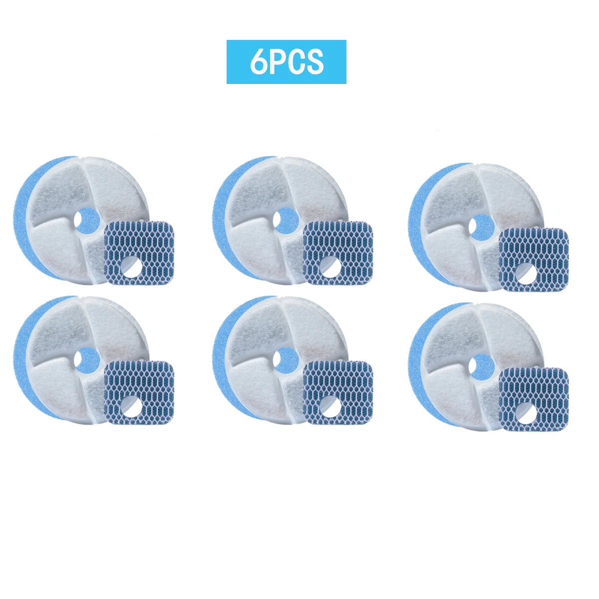 Six replacement filters for a 2.2L stainless steel cat water fountain, showing various sizes and mesh patterns.