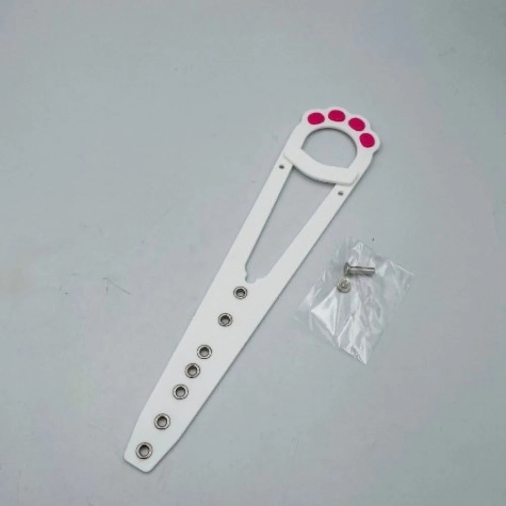 A white adjustable cat door latch with a stabilizer and multiple holes for mounting.