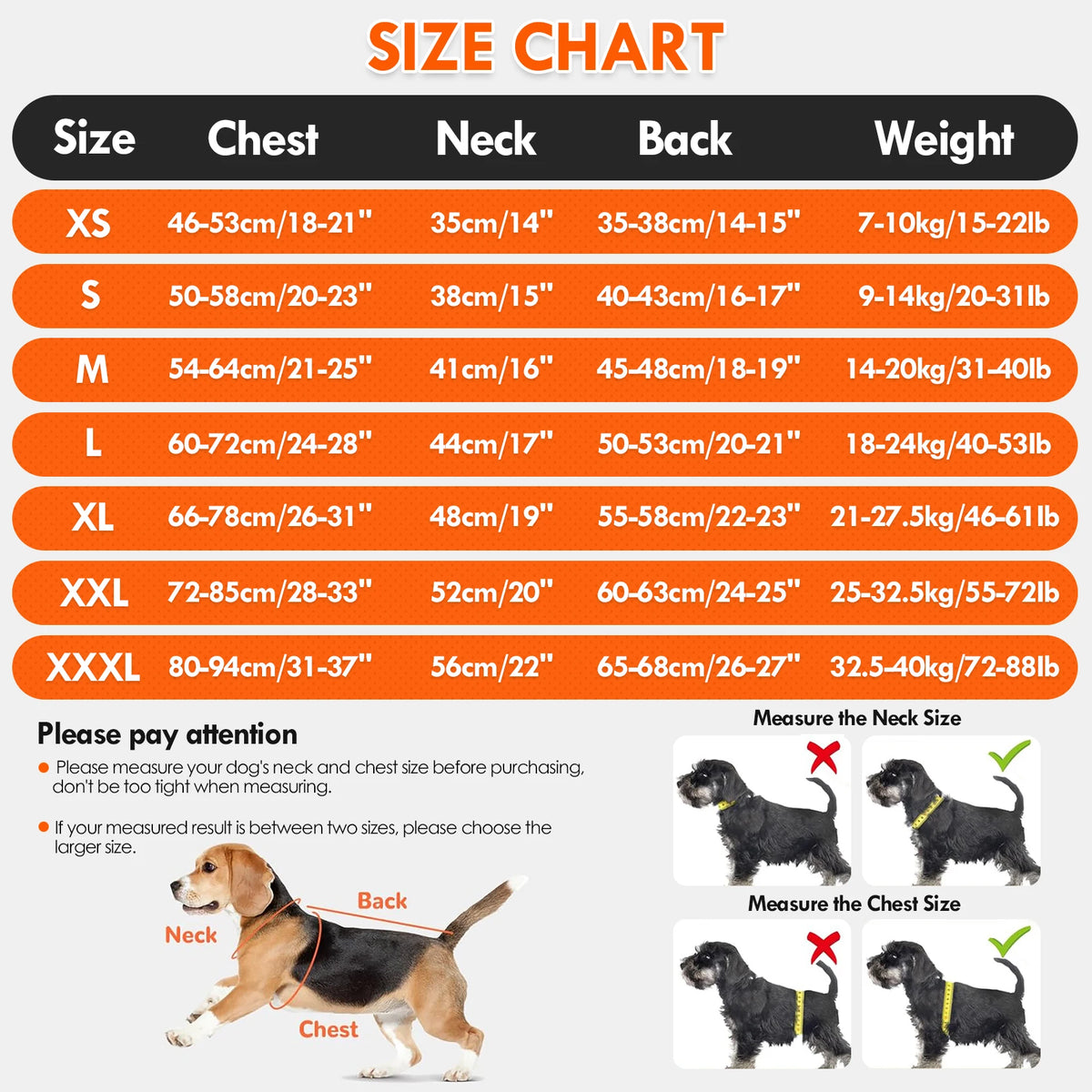 Tabla de tallas para un traje de recuperación invernal de forro suave para perros, mostrando medidas de varias tallas.