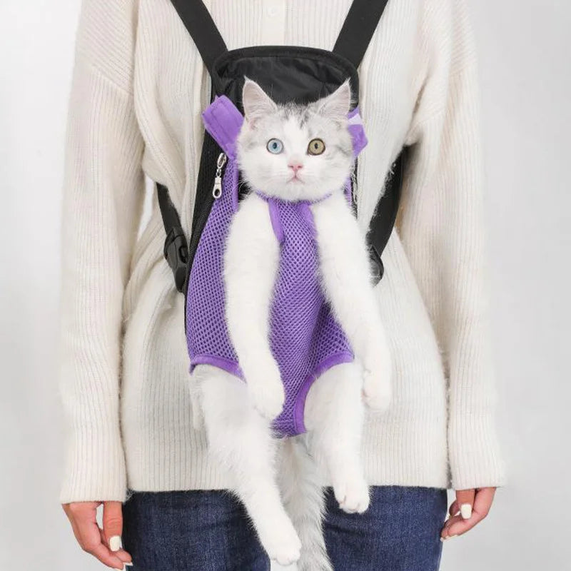 A fluffy white cat wearing a purple carrier backpack is being held by a person.