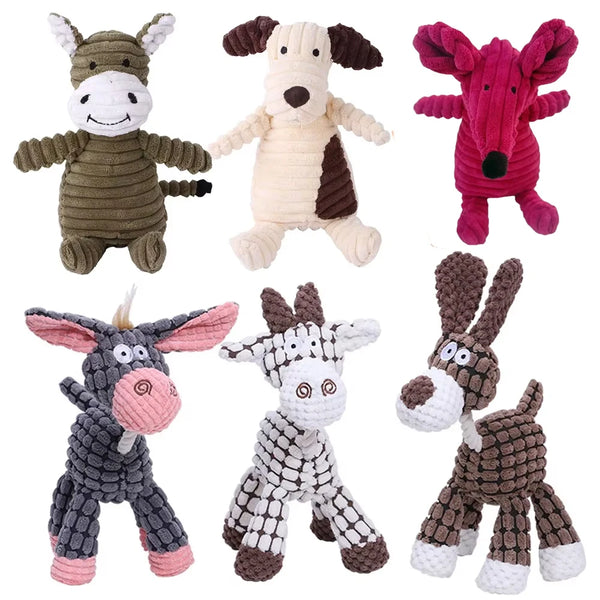 A collection of plush animal toys including a green donkey, a cream dog, a pink fox, and several gray and brown rabbit-like f