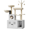 A white cat enclosure featuring a multi-level structure with feeding and resting platforms and a hidden litter box.