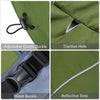 Close-up views of a green dog raincoat showing an adjustable elastic buckle, traction hole, waist buckle, and reflective stri