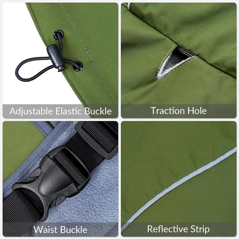 Close-up views of a green dog raincoat showing an adjustable elastic buckle, traction hole, waist buckle, and reflective stri