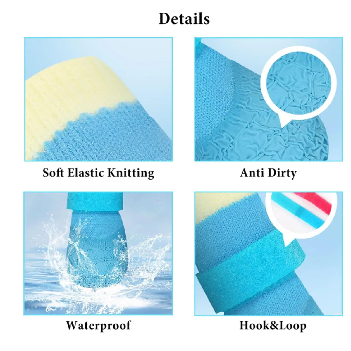 Details of waterproof anti-slip dog socks showing soft elastic knitting, anti-dirty features, waterproof performance, and hoo