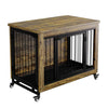 A wooden dog crate furniture with a dark frame and vertical bars is shown on wheels.