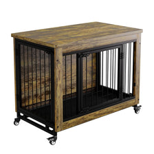 A wooden dog crate furniture with a dark frame and vertical bars is shown on wheels.