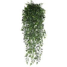 A dense cascade of artificial green fern leaf vines used for home decor.