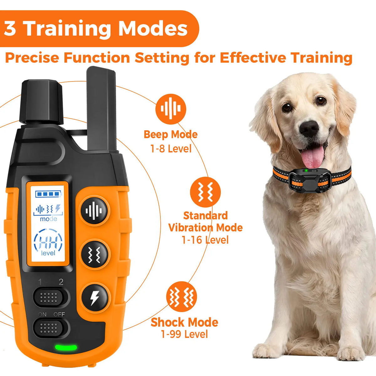 Orange elektrisches Hundetrainingsgeschirr mit drei Modi: Piepen, Standardvibration und Schlag.