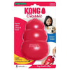 A red Kong Classic dog chew toy with a treat dispensing core shown in packaging.