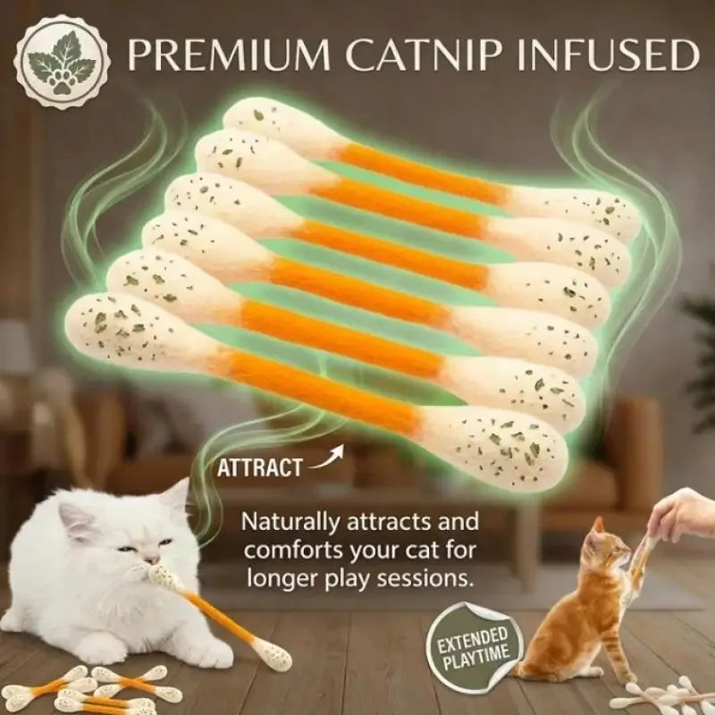 Premium catnip infused cotton swab toys attracting cats for longer play sessions