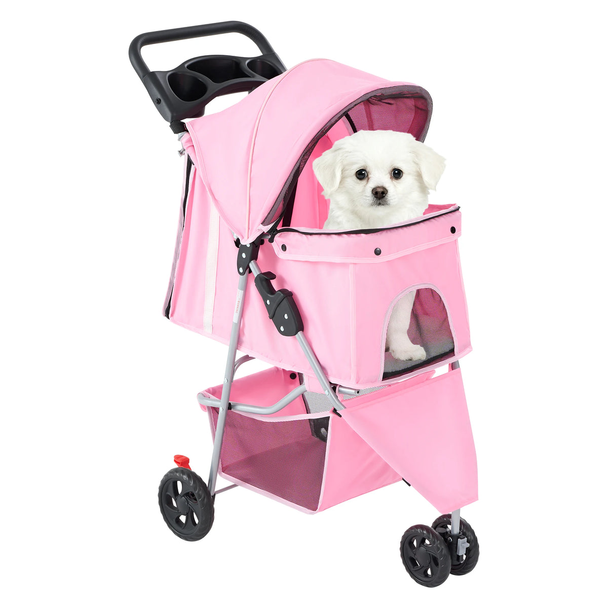 A pink 3-wheel foldable pet stroller with mesh windows carrying a small white dog.