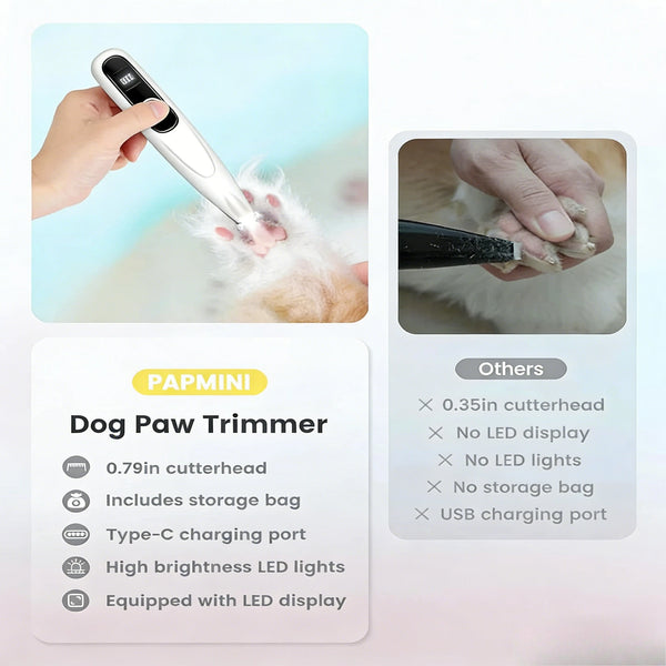 A hand is using a dog paw trimmer to trim pet hair on a cat's paw.