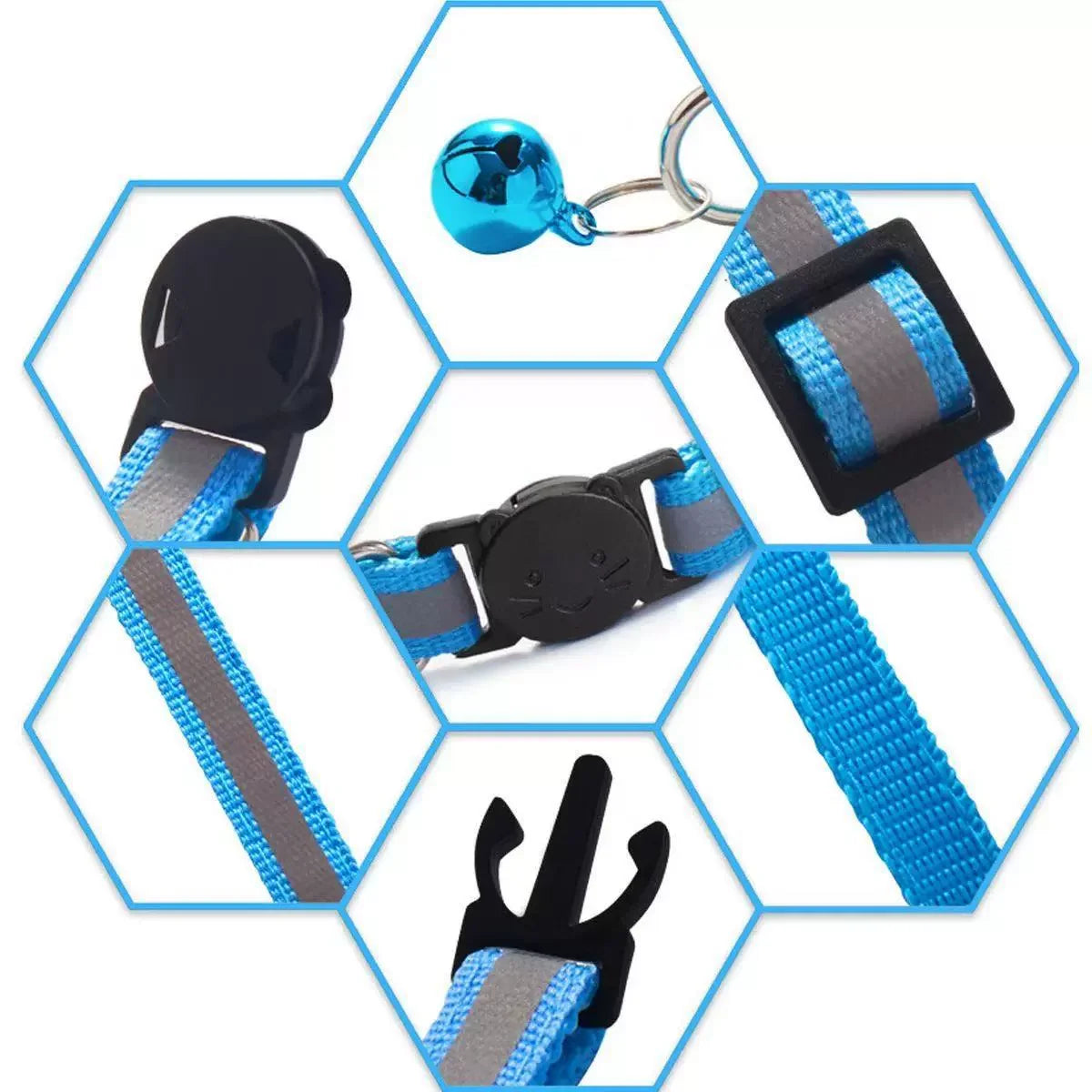 A reflective cat collar featuring a breakaway buckle, bell, and blue and gray webbing.