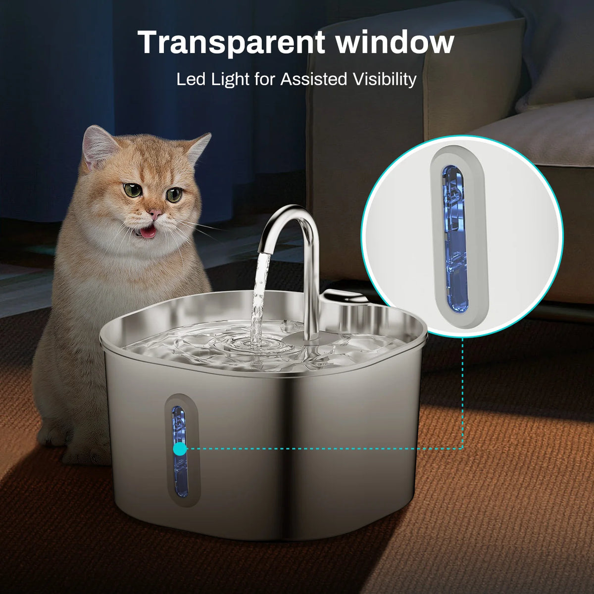 Fontaine à eau automatique pour animaux en acier inoxydable avec fenêtre transparente et éclairage LED assisté.