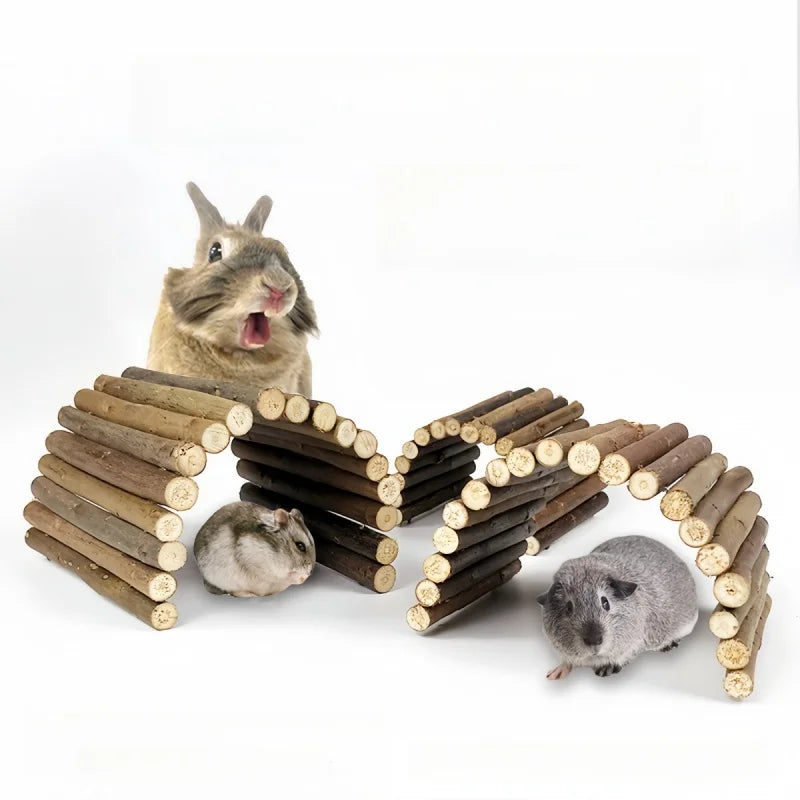 A brown rabbit is interacting with a woven archway made of natural wood branches for chew toys.