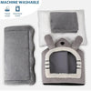 A gray removable dog house pet bed with a rabbit-like face design shown next to a rectangular gray pet mat.