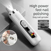 A white pet nail grinder with an LED display is shown on a gray surface, highlighting its features.