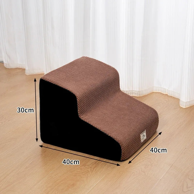 Brown washable non-slip pet stairs designed for climbing onto a bed or sofa.