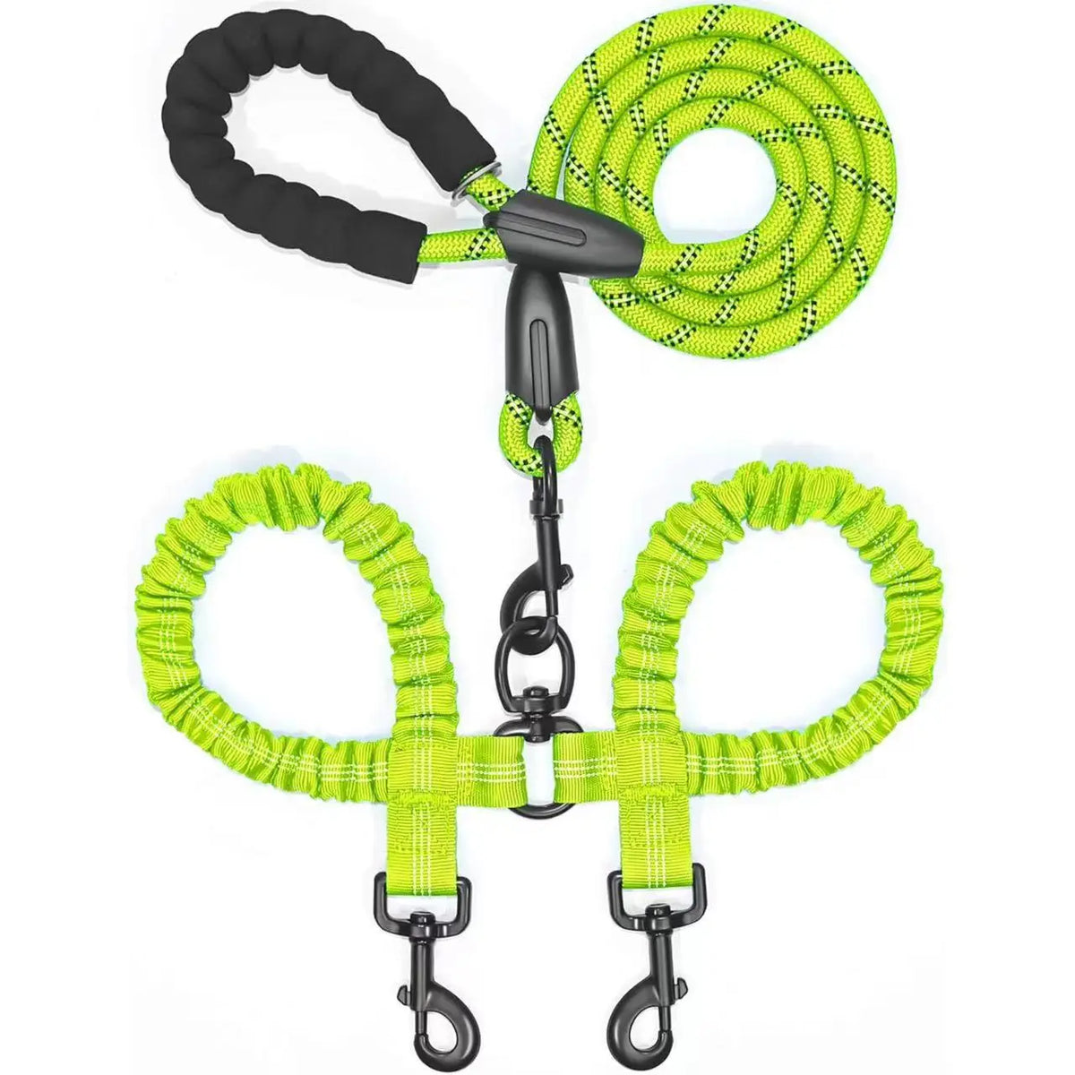 A dual dog leash with shock absorbing bungee featuring bright lime green and black cord.
