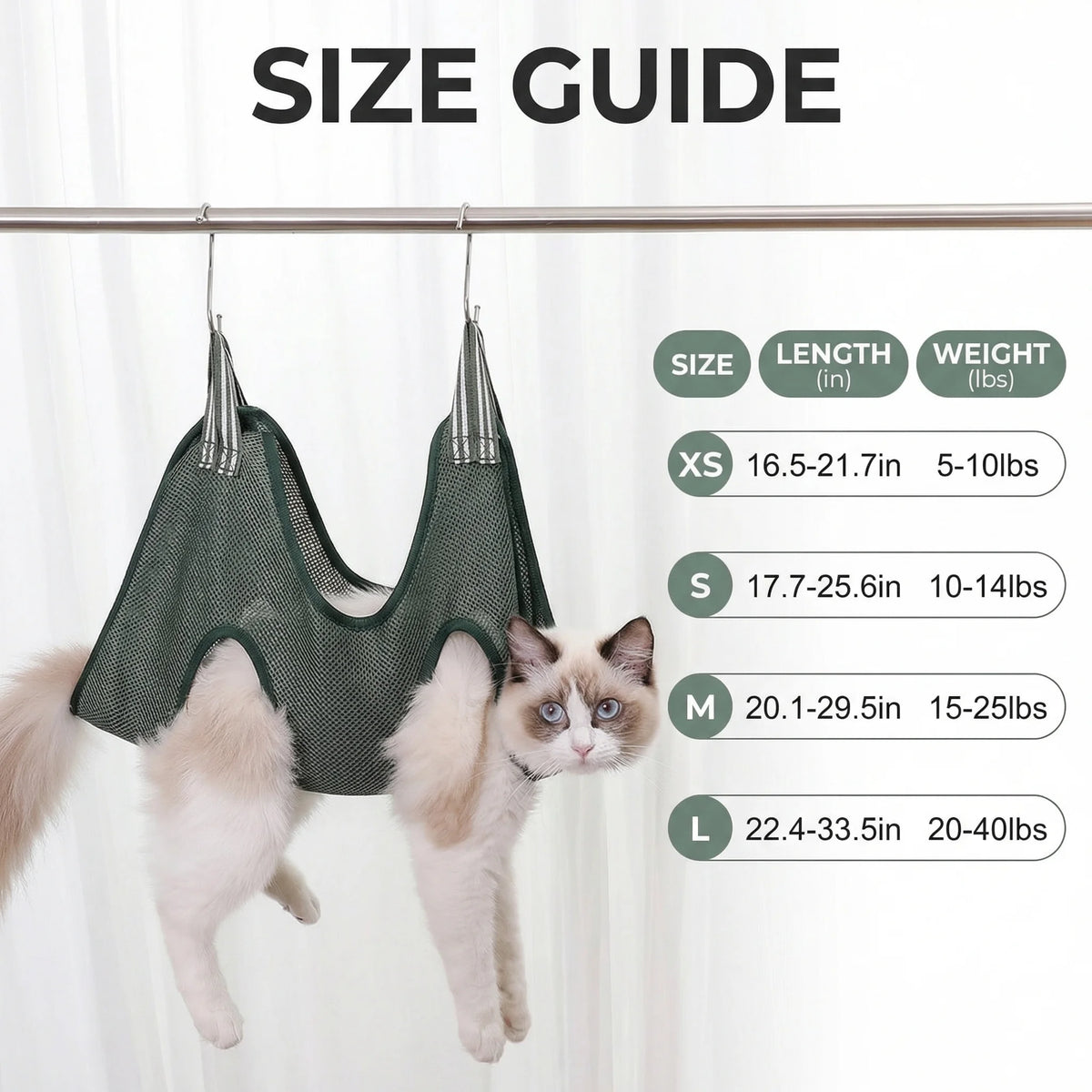 Größenleitfaden für ein Katzenpflege-Hängematte mit verschiedenen Größen.