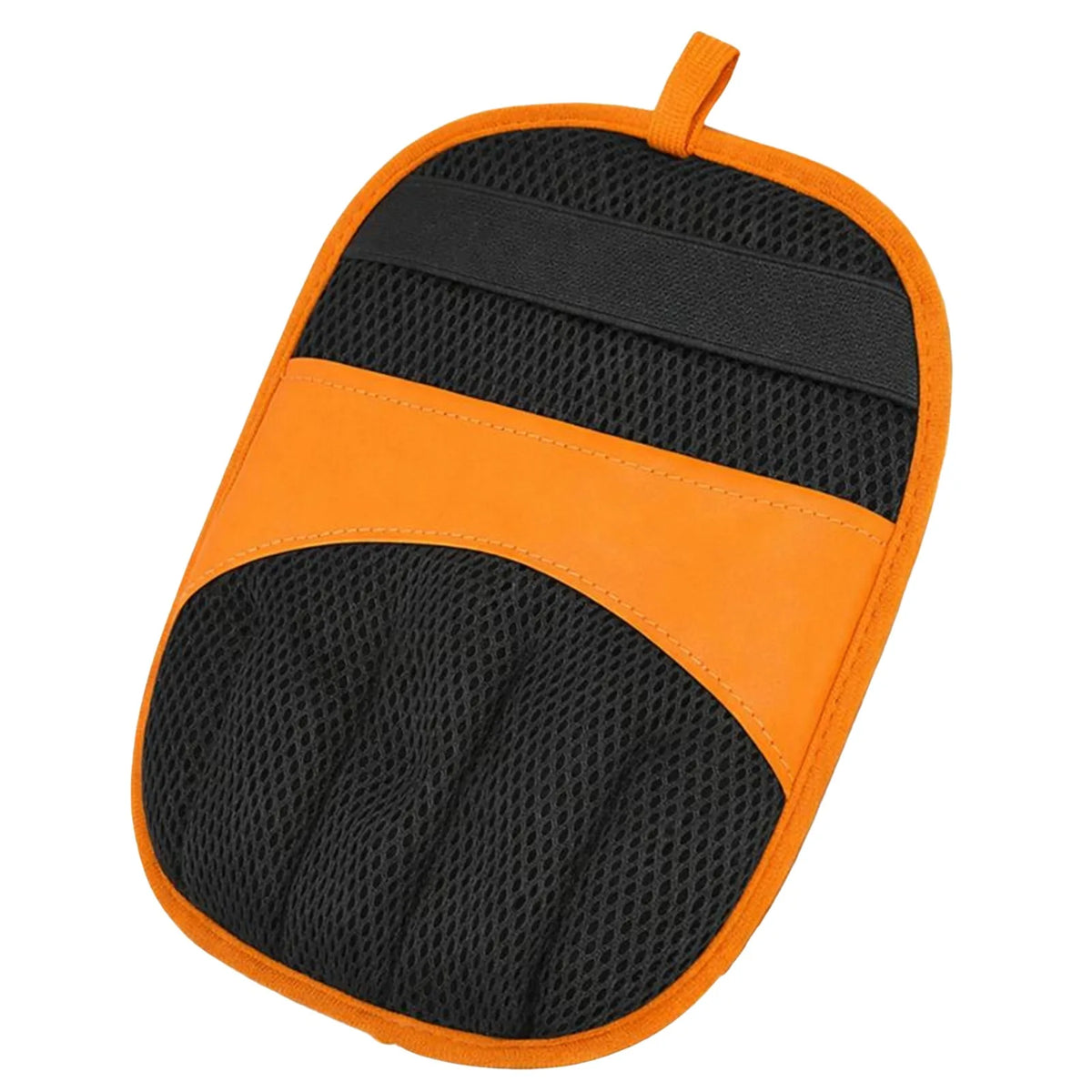An orange and black electrostatic pet hair removal glove product with a flexible design.