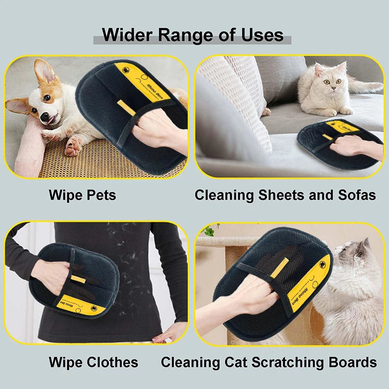 A dual-sided silicone pet hair removal glove shown being used to wipe pets, cleaning sheets and sofas, and cleaning cat scrat