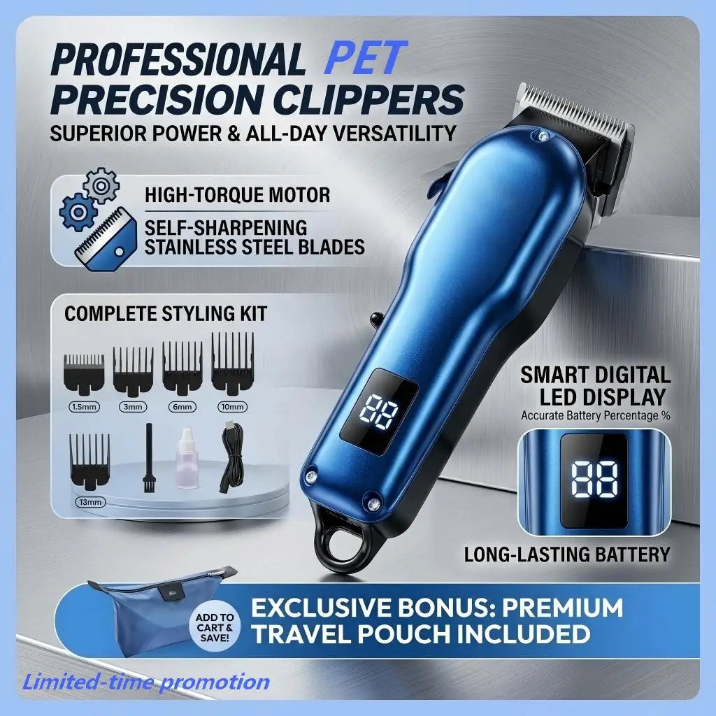 Coupe-paille professionnel bleu pour animaux avec lame auto-affûtante et écran LED, sur une surface métallique.