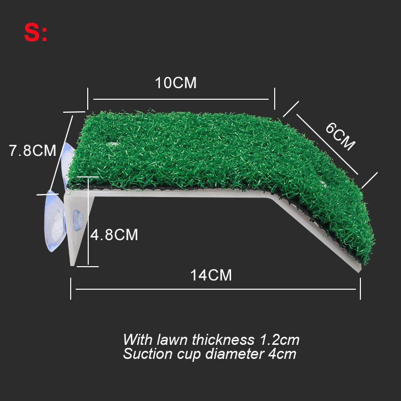 Plateforme de pelouse artificielle verte avec ventouses pour habitat de reptile, 14cm de long et 7,8cm de haut.