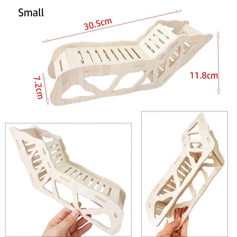 A small wooden hamster hideout cave with a peekaboo design shown from the side and top view.