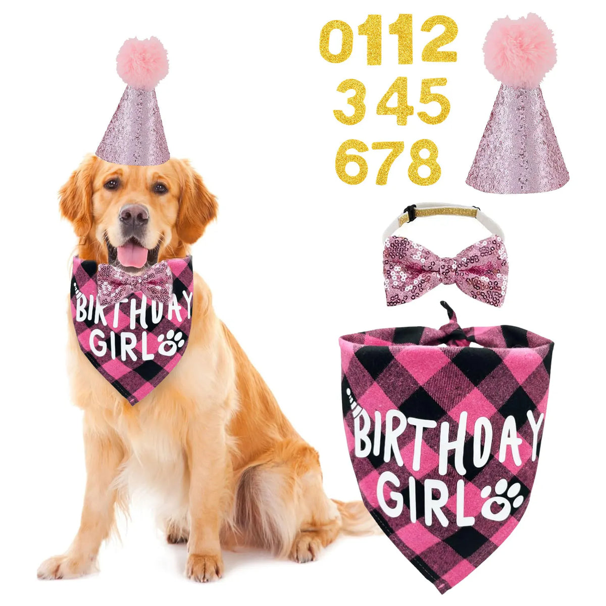 Un golden retriever portant un chapeau de fête rose pailleté et un bandana à motifs tartan noir pour enfant.