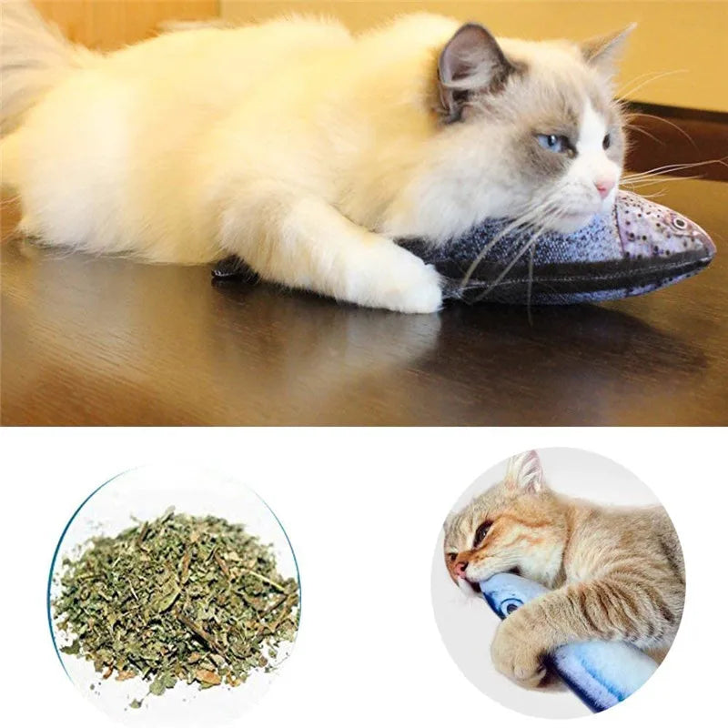A fluffy orange and white cat is lying on a wooden surface next to a small bowl of dried green catnip.