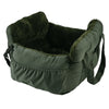 A dark olive green durable pet car seat with a plush, dark green faux fur lining and safety straps.